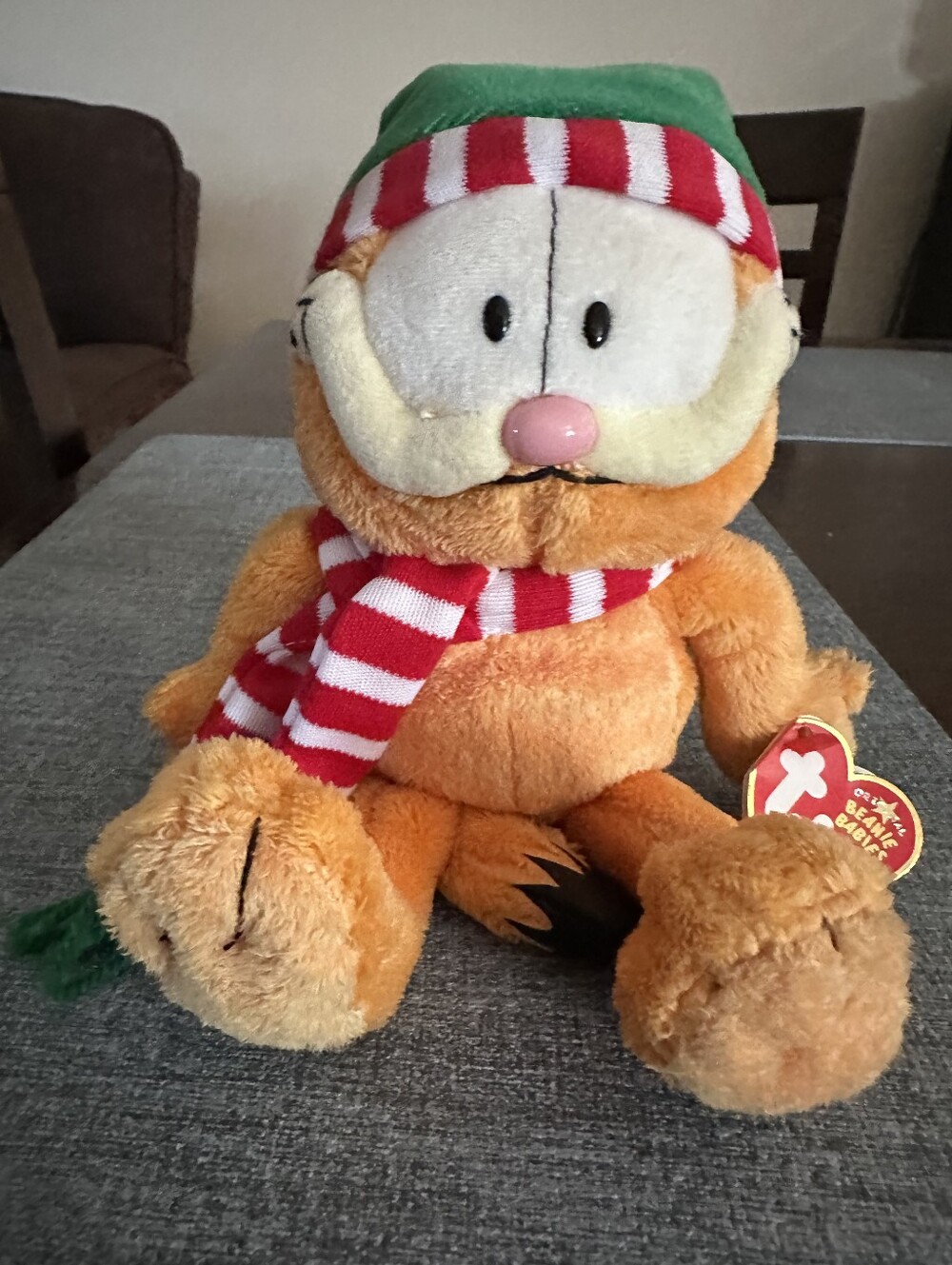 Garfield Plush Toy in Orange with Holiday Hat and Scarf - Beanie Buddy Style